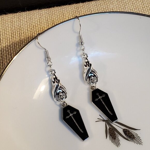 Midnight Black Vampire Coffin Hanging Bat Silver Cross Goth Enamel Earrings - Picture 6 of 8